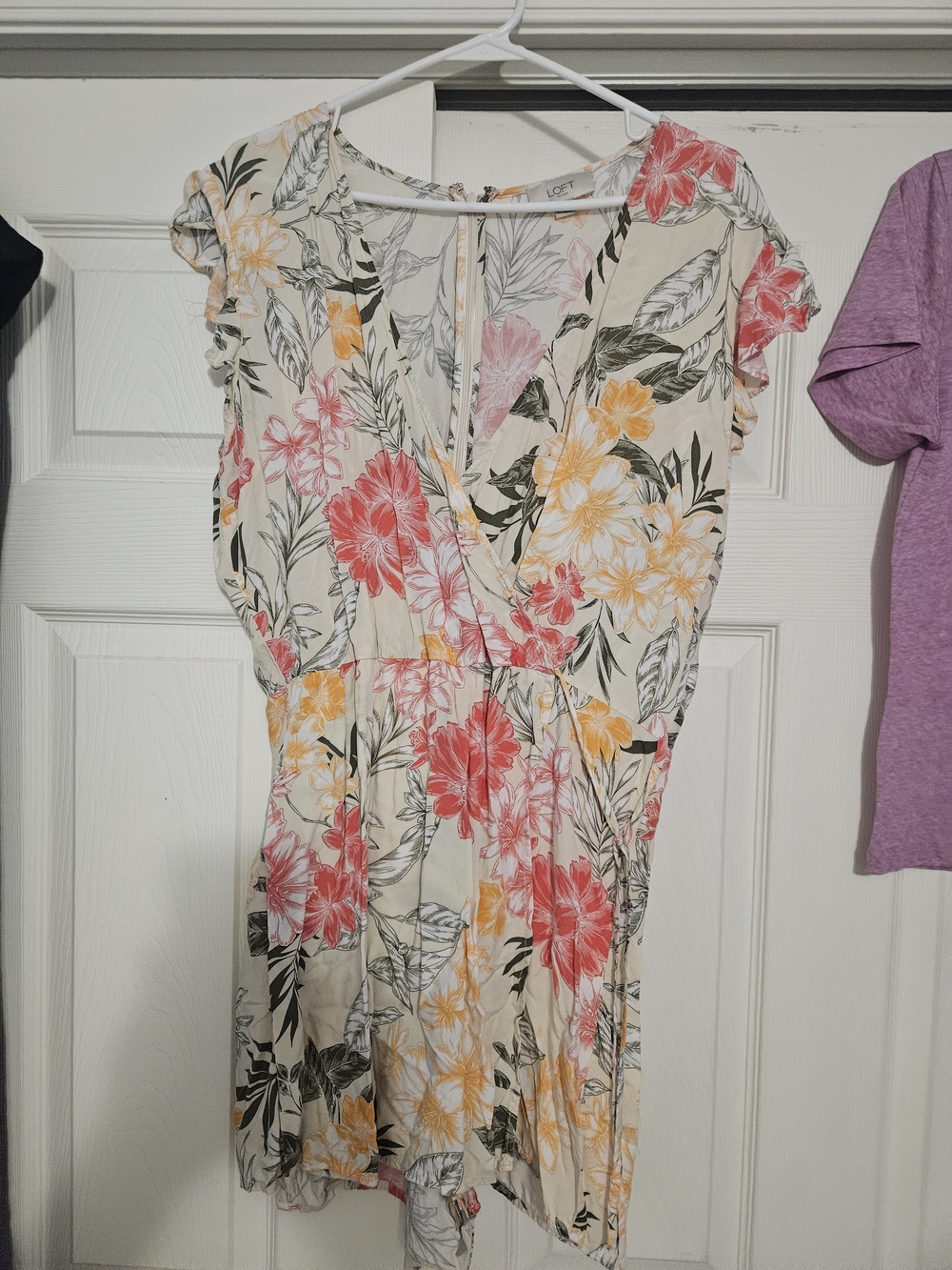 LOFT Cream Floral Surplice Mini Dress with Coral & Yellow Blooms